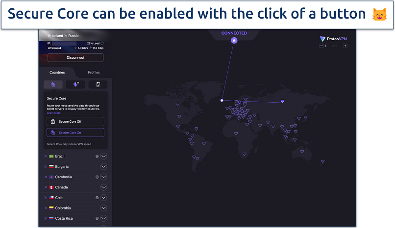 Screenshot of ProtonVPN’s interface showing an active VPN connection