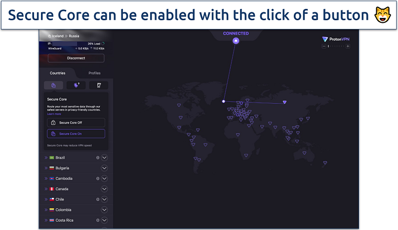 Screenshot of ProtonVPN's interface showing an active VPN connection