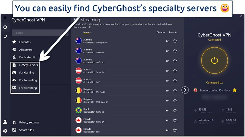 Screenshot showing CyberGhost's specialty servers