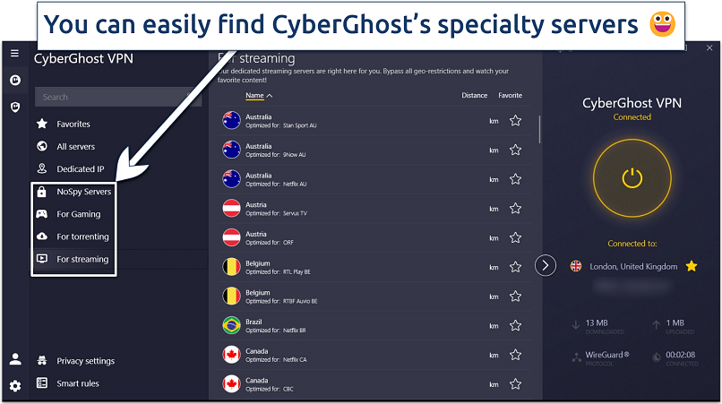 Screenshot showing CyberGhost's specialty servers