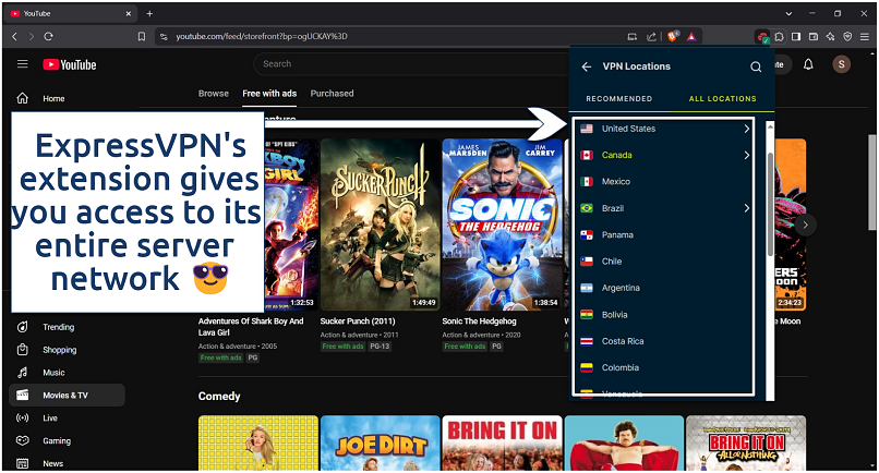 Screenshot showing server list on ExpressVPN's Brave browser extension