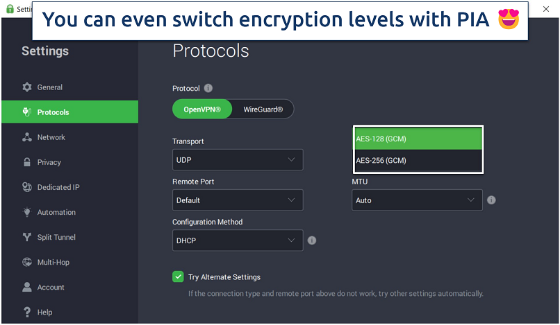 Image showing the Protocols settings of PIA