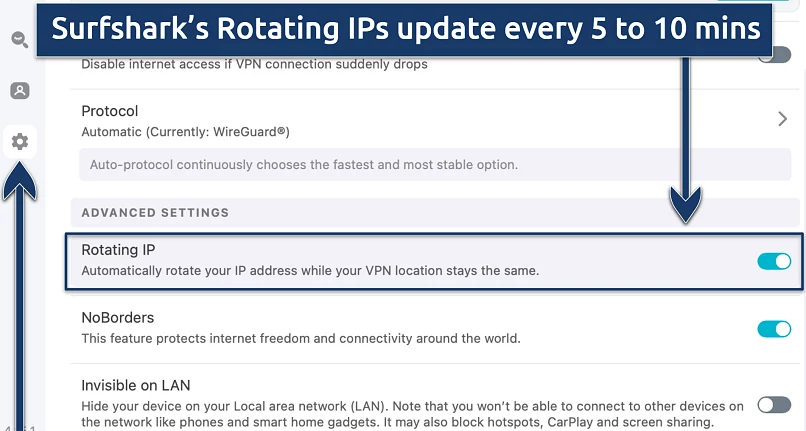 Screenshot showing Surfshark's Rotating IP feature