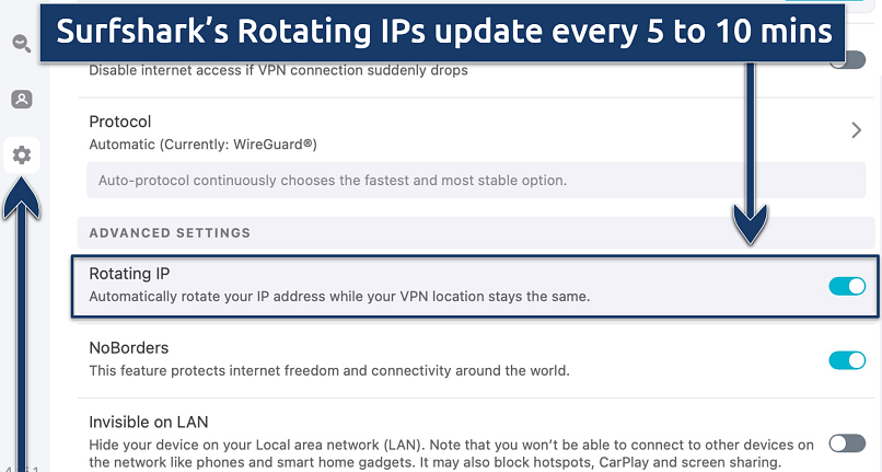 Screenshot showing Surfshark's Rotating IP feature