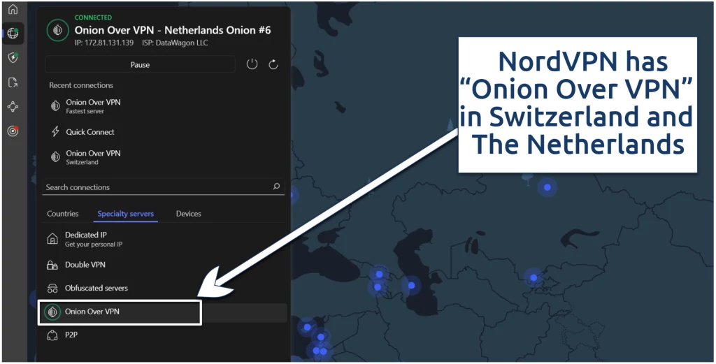 Image showing NordVPN's Onion over VPN servers highlighted