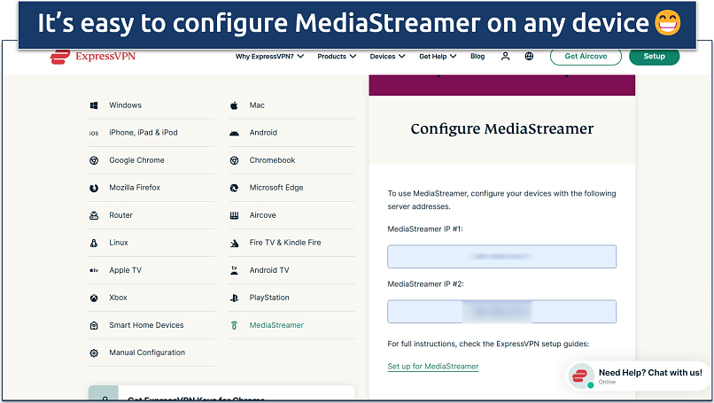 Screenshot of ExpressVPN’s MediaStreamer server addresses
