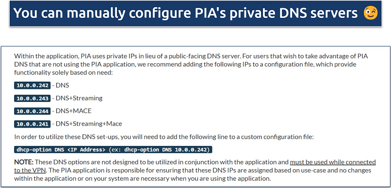 Screenshot of PIA’s DNS set-ups for streaming, MACE, and standard use