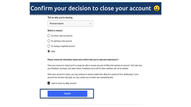 Screenshot of eBay’s account closure page with a checkbox and