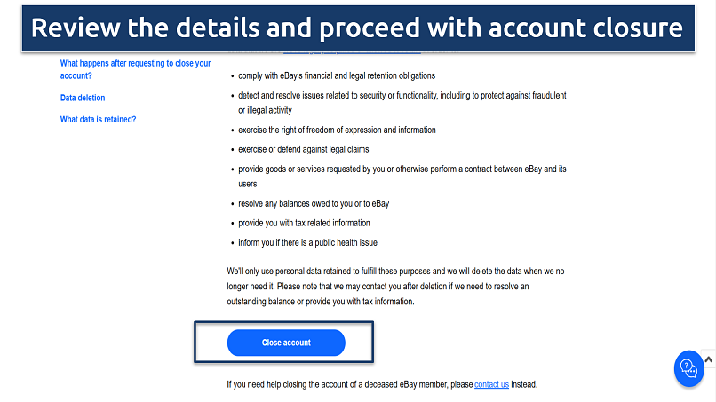 Screenshot of eBay’s account closure page with a blue