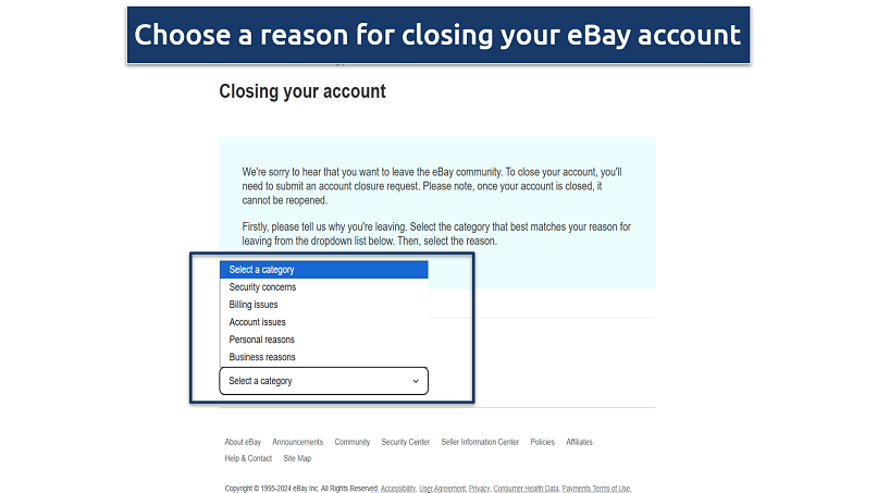 Screenshot of eBay’s account closure page with a drop-down menu for reasons