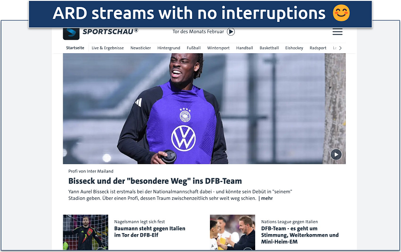 Screenshot of ARD’s sports homepage