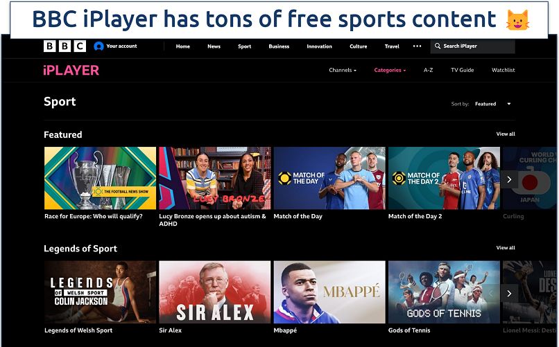 Screenshot of BBC iPlayer’s sports section
