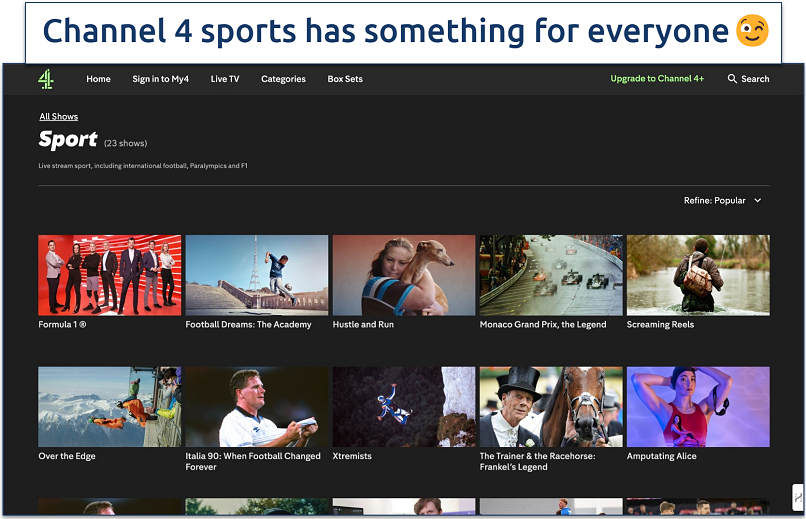 Screenshot of Channel 4’s sports page