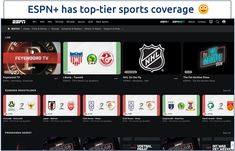 Screenshot of ESPN sports page with featured events