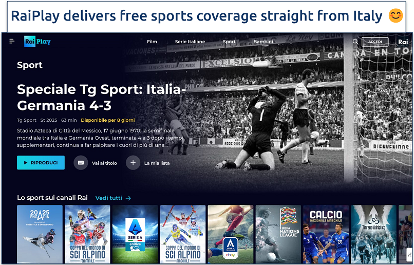 Screenshot of RaiPlay’s sports homepage showing featured matches