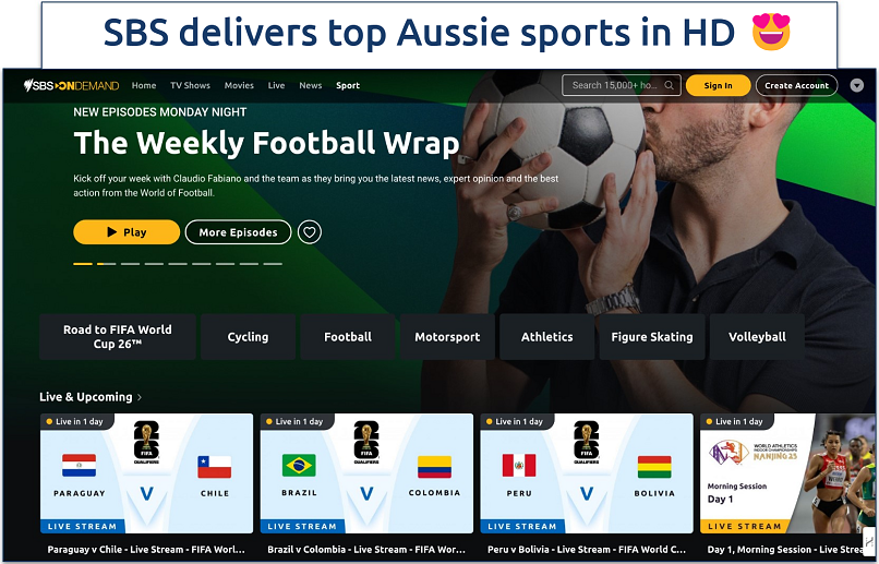 Screenshot of SBS Live’s sports homepage with featured live and upcoming events