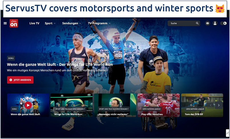 Screenshot of ServusTV’s sports page displaying sports events