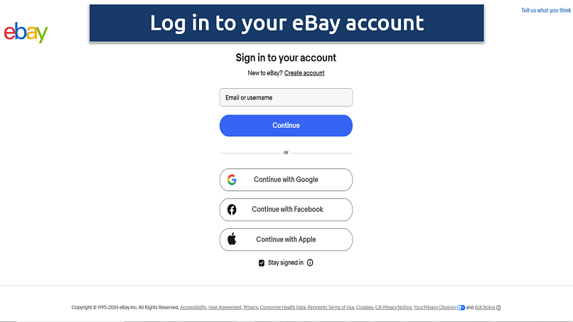 Screenshot of the eBay login screen with email, Google, Facebook, and Apple sign-in options