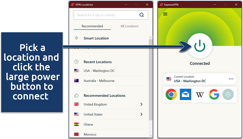 Screenshot of ExpressVPN’s Windows app connected to a US server