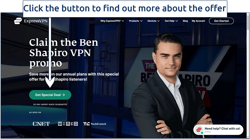 Screenshot of Ben Shapiro’s ExpressVPN discount promo page