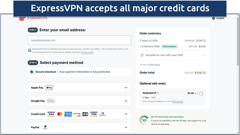 Screenshot of ExpressVPN’s checkout page