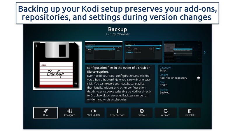 Screenshot of the Backup addon on Kodi
