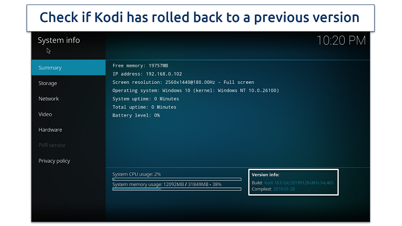 Screenshot of Kodi 18 system info settings