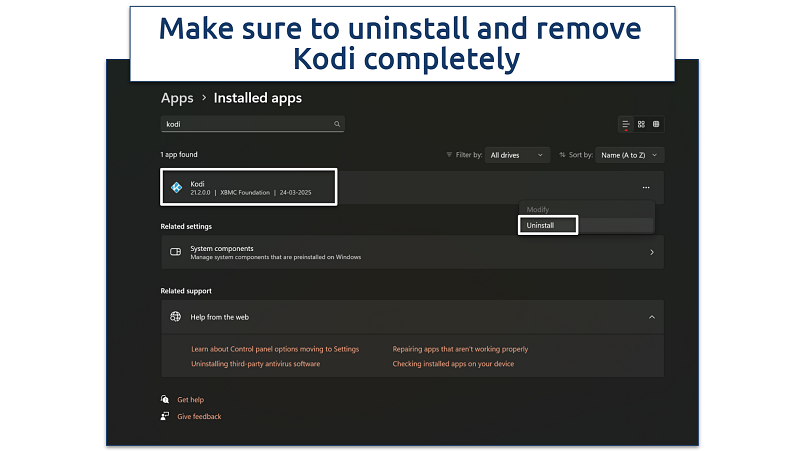 Screenshot of uninstalling Kodi on Windows