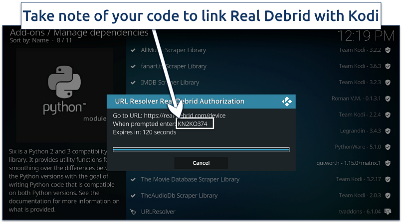 Screenshot of Real debrid authorization
