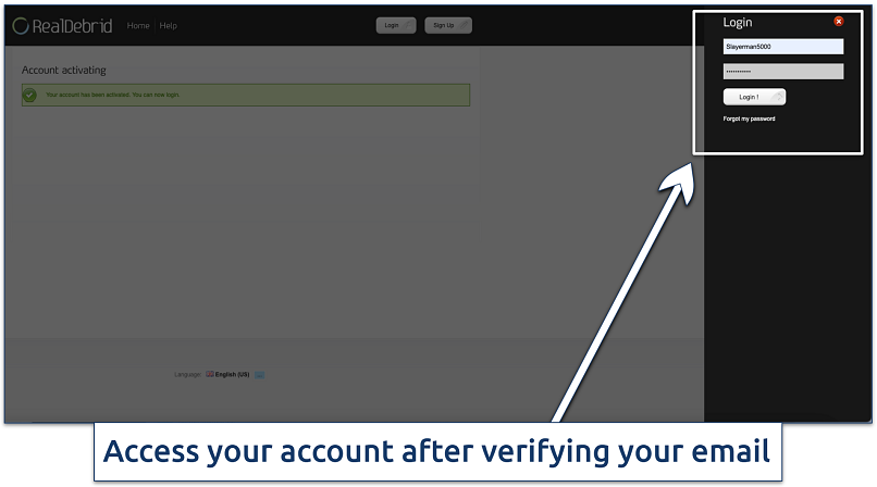 Screenshot showing how to log in to your Real Debrid account after email confirmation