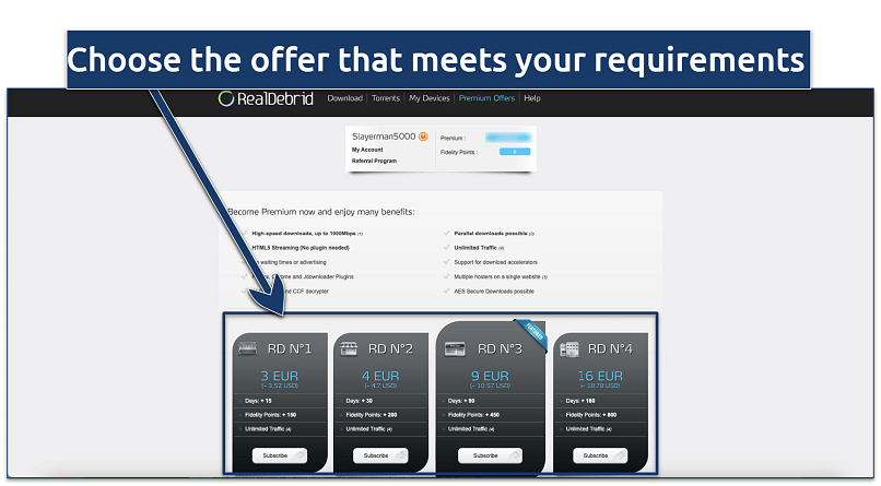 Screenshot of Real Debrid’s pricing page