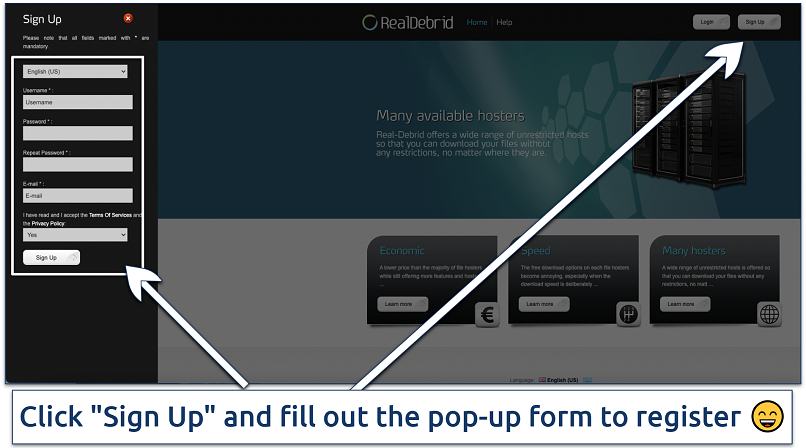 Screenshot of Real Debrid signup page