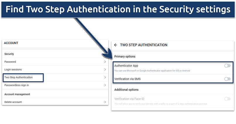 Screenshot showing Two-Step Authentication in OnlyFans settings