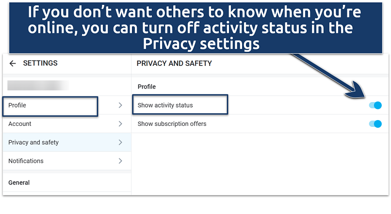Screenshot showing OnlyFans activity settings