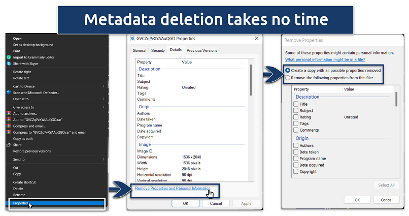 Screenshot showing metadata deletion on Windows