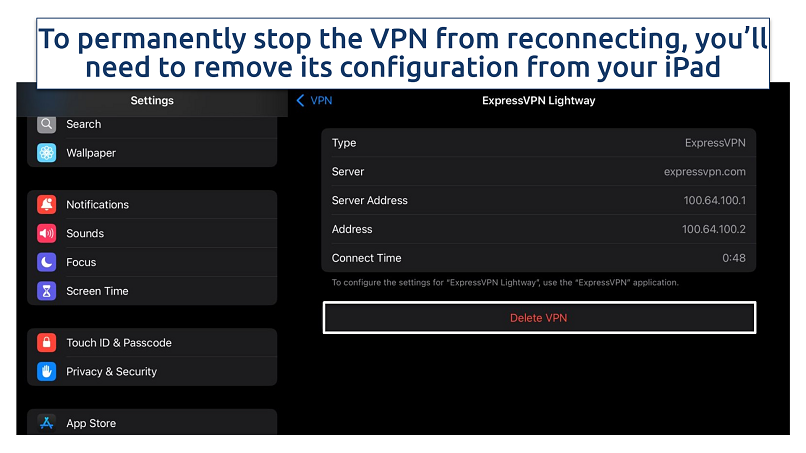 Screenshot of deleting the VPN configuration