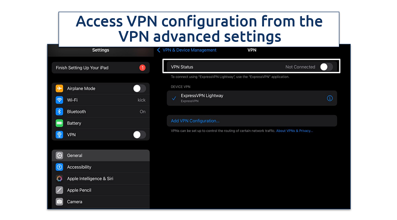 Screenshot of turning off a VPN using advanced settings