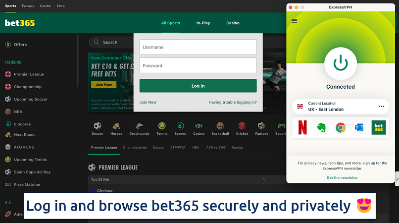 Screenshot showing the ExpressVPN app connected to a UK server over the bet365 log in page