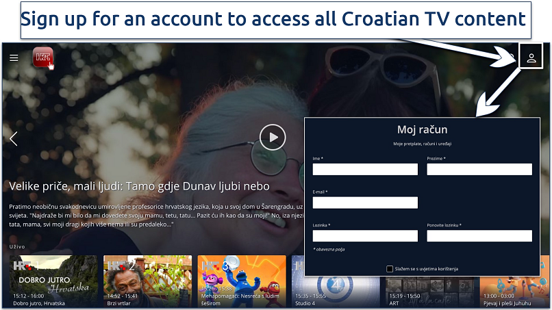 Screenshots showing the HRTi homepage and signup page