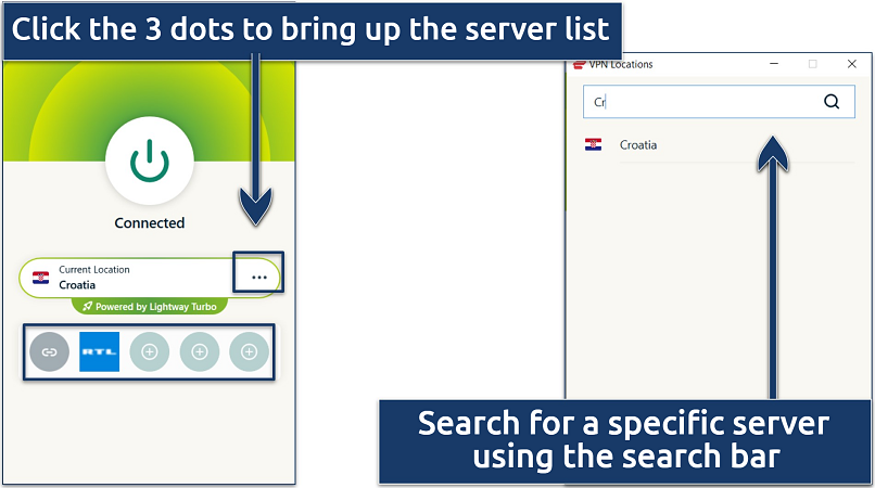 Screenshot showing how to navigate the server list and connect to one in ExpressVPN’s Windows app