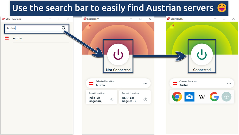 Screenshot showing the Austrian servers available on ExpressVPN