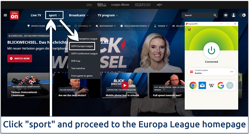 Image showing servusTV website page with Europa League highlighted