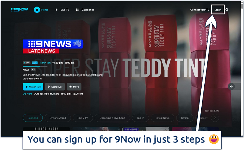 Screenshot of the 9Now website home page with the