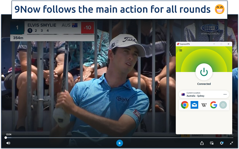 Screenshot of golf streaming on 9Now while connected to ExpressVPN&rsquo;s Australian server