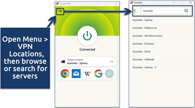 Screenshots of the ExpressVPN Windows app showing a Sydney server connection and a list of Australian servers