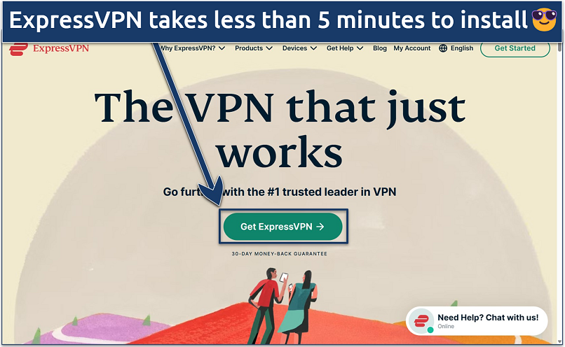 Screenshot of the ExpressVPN website home page featuring the &lsquo;Get ExpressVPN&rsquo; button