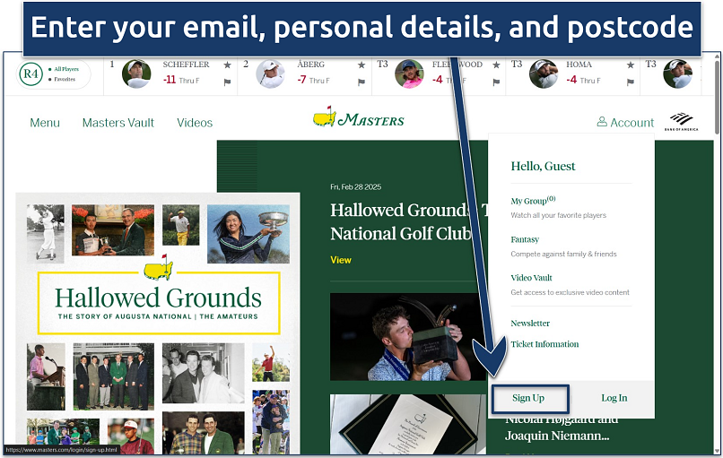 Screenshot of the Masters website home page with the &lsquo;Sign Up&rsquo; option highlighted