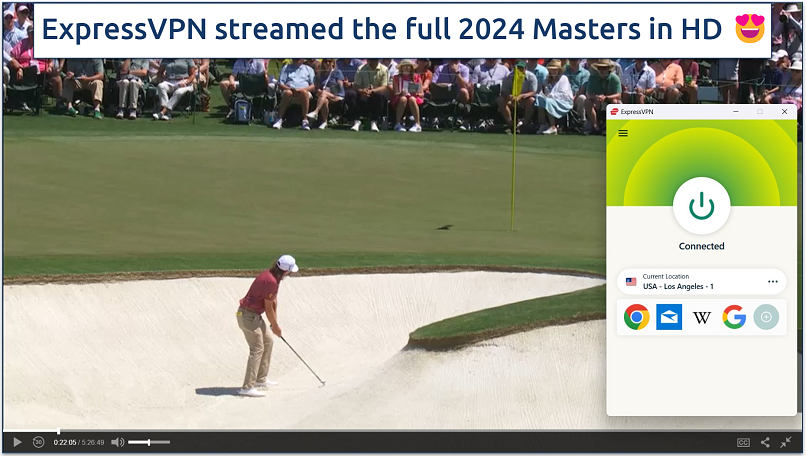 Screenshot of golf streaming on Masters.com while connected to ExpressVPN&rsquo;s Los Angeles - 1 server
