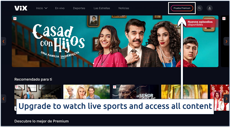 Screenshot of the ViX homepage