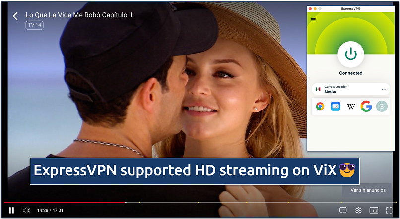 A screenshot of ViX streaming Lo Que La Vida Me Robó Capítulo 1 while connected to ExpressVPN’s Mexican server